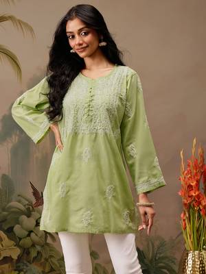 Hand embroidered green cotton lucknowi chikankari short kurti 1