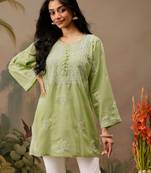 Hand embroidered green cotton lucknowi chikankari short kurti
