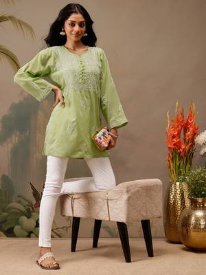 Hand embroidered green cotton lucknowi chikankari short kurti 5