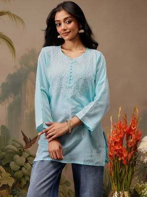 Hand embroidered blue cotton lucknowi chikankari short kurti 1