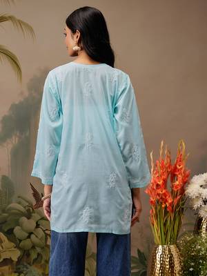 Hand embroidered blue cotton lucknowi chikankari short kurti 2