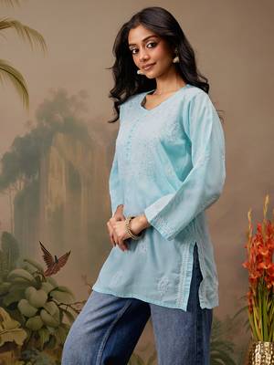 Hand embroidered blue cotton lucknowi chikankari short kurti 3