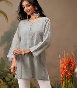 Hand embroidered grey cotton lucknowi chikankari short kurti
