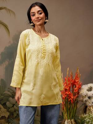 Hand embroidered yellow cotton lucknowi chikankari short kurti 1