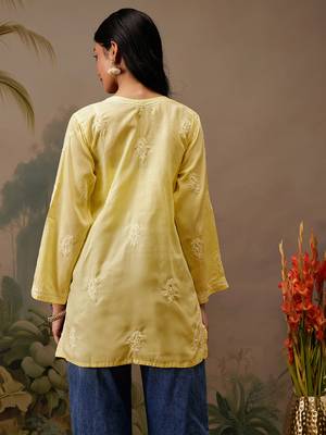 Hand embroidered yellow cotton lucknowi chikankari short kurti 2