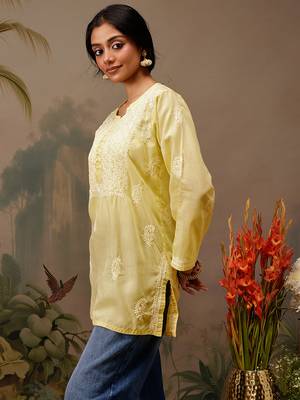 Hand embroidered yellow cotton lucknowi chikankari short kurti 3