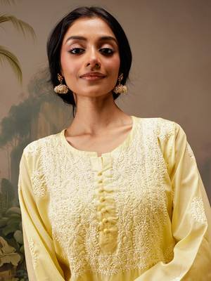 Hand embroidered yellow cotton lucknowi chikankari short kurti 4
