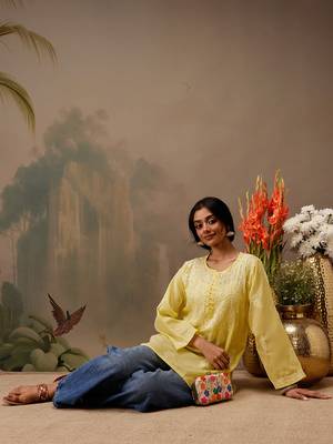 Hand embroidered yellow cotton lucknowi chikankari short kurti 5