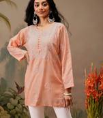 Hand embroidered peach cotton lucknowi chikankari short kurti