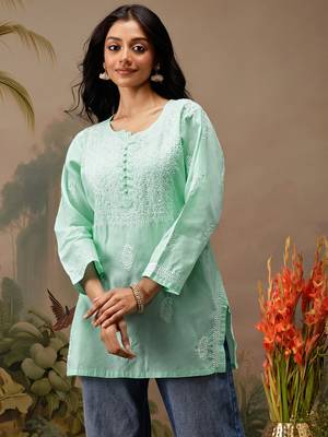 Hand embroidered sea green cotton lucknowi chikankari short kurti 1