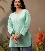Hand embroidered sea green cotton lucknowi chikankari short kurti