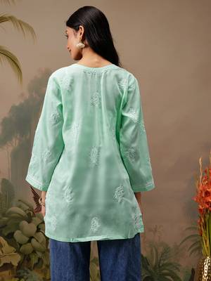 Hand embroidered sea green cotton lucknowi chikankari short kurti 3