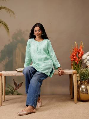 Hand embroidered sea green cotton lucknowi chikankari short kurti 6
