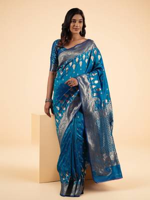 Royal Blue Banarasi Silk blend Saree with Intricate Silver Zari Weaving 1