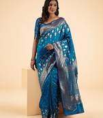 Royal Blue Banarasi Silk blend Saree with Intricate Silver Zari Weaving