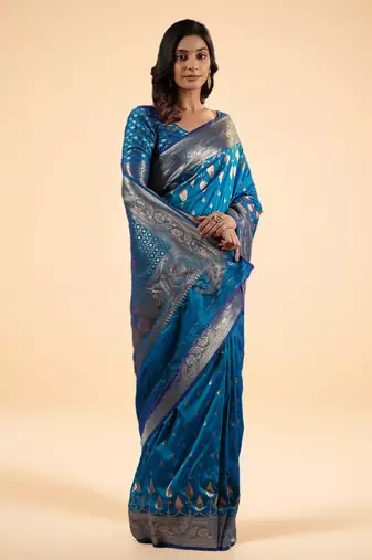 Royal Blue Banarasi Silk blend Saree with Intricate Silver Zari Weaving