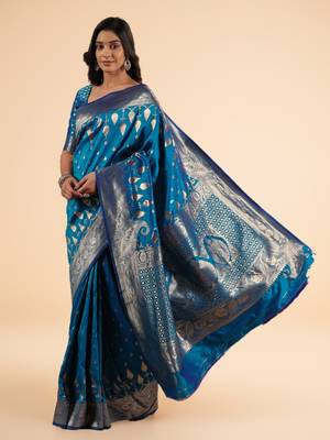 Royal Blue Banarasi Silk blend Saree with Intricate Silver Zari Weaving 4