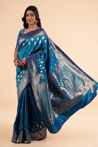 Royal Blue Banarasi Silk blend Saree with Intricate Silver Zari Weaving