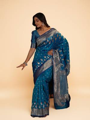 Royal Blue Banarasi Silk blend Saree with Intricate Silver Zari Weaving 5