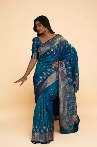 Royal Blue Banarasi Silk blend Saree with Intricate Silver Zari Weaving