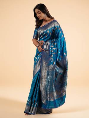 Royal Blue Banarasi Silk blend Saree with Intricate Silver Zari Weaving 6
