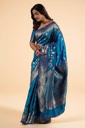 Royal Blue Banarasi Silk blend Saree with Intricate Silver Zari Weaving