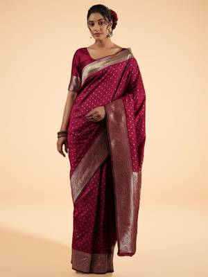 Maroon Banarasi Silk blend Saree with Intricate Silver Zari Work 1