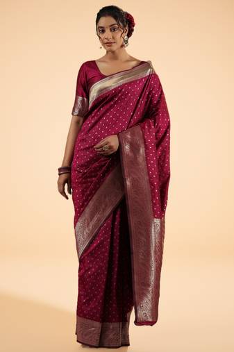 Maroon Banarasi Silk blend Saree with Intricate Silver Zari Work