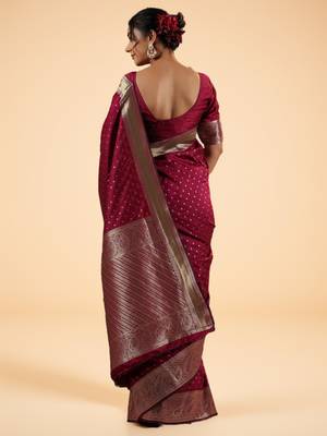Maroon Banarasi Silk blend Saree with Intricate Silver Zari Work 2