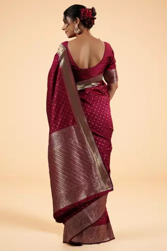 Maroon Banarasi Silk blend Saree with Intricate Silver Zari Work