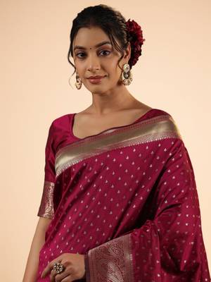 Maroon Banarasi Silk blend Saree with Intricate Silver Zari Work 3