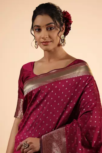 Maroon Banarasi Silk blend Saree with Intricate Silver Zari Work