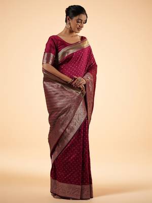 Maroon Banarasi Silk blend Saree with Intricate Silver Zari Work 5