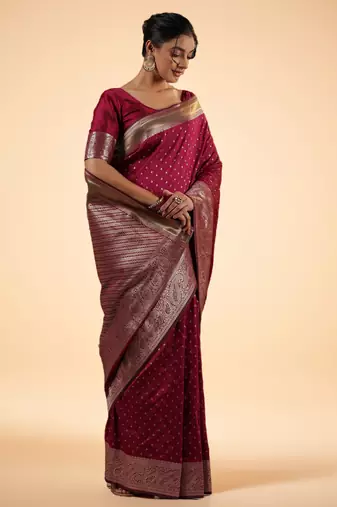 Maroon Banarasi Silk blend Saree with Intricate Silver Zari Work