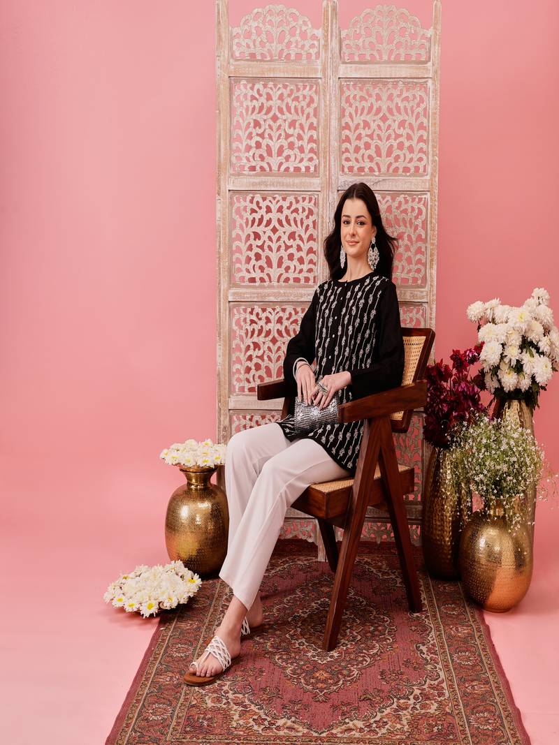 Hand embroidered black pure cotton lucknowi chikankari straight shirt