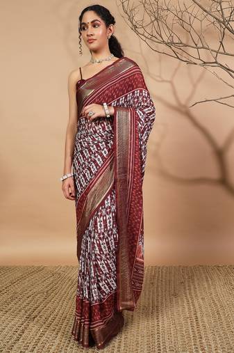 Maroon Printed zari saree with blouse piece
