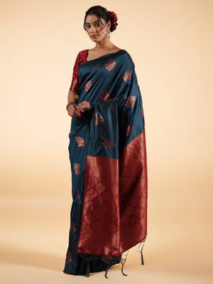 Teal Blue Banarasi Silk blend Saree with Copper Zari Motifs 1