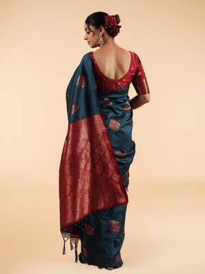 Teal Blue Banarasi Silk blend Saree with Copper Zari Motifs 2
