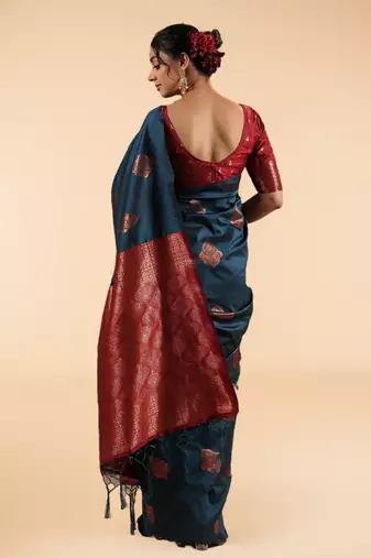 Teal Blue Banarasi Silk blend Saree with Copper Zari Motifs