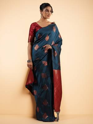 Teal Blue Banarasi Silk blend Saree with Copper Zari Motifs 3