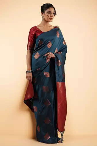 Teal Blue Banarasi Silk blend Saree with Copper Zari Motifs