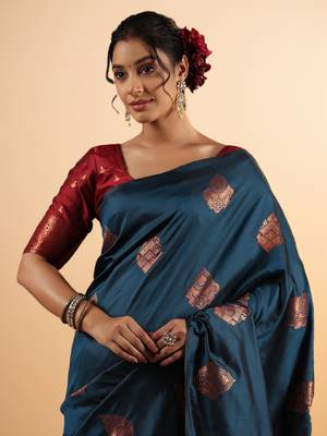 Teal Blue Banarasi Silk blend Saree with Copper Zari Motifs 4