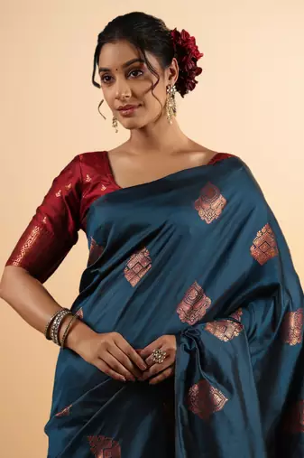 Teal Blue Banarasi Silk blend Saree with Copper Zari Motifs