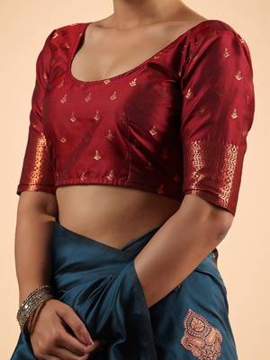 Teal Blue Banarasi Silk blend Saree with Copper Zari Motifs 5