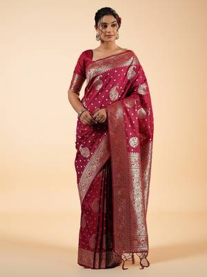 Wine Pink Banarasi Silk blend Saree with Silver Zari Work 1