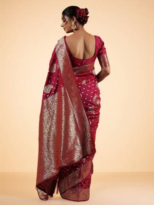 Wine Pink Banarasi Silk blend Saree with Silver Zari Work 2