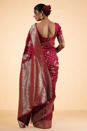 Wine Pink Banarasi Silk blend Saree with Silver Zari Work