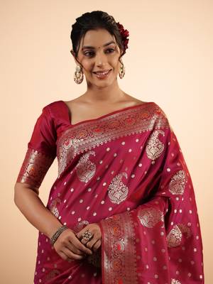 Wine Pink Banarasi Silk blend Saree with Silver Zari Work 3