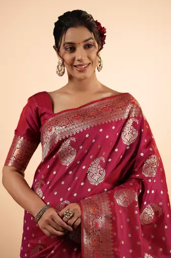 Wine Pink Banarasi Silk blend Saree with Silver Zari Work