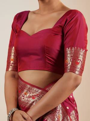 Wine Pink Banarasi Silk blend Saree with Silver Zari Work 4